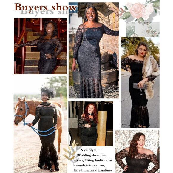 Women's Black Floral Lace Long Sleeve Off Shoulder Wedding Mermaid Dress - Picture 3 of 6